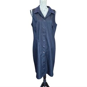 John Roberts Dark Navy Embroidered Sleeveless Button Up Vintage Dress 16
